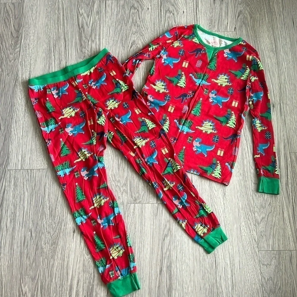 Christmas PJs Long Sleeve Pants Set Red Green Dinosaurs Size M